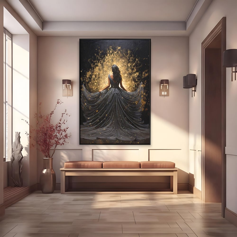 Tablou canvas cu ilustratie digitala cu silueta feminina, in rama de aluminiu negru